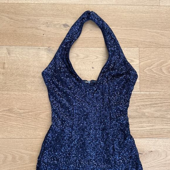 Lulu's Maxi Dress Halter Neck Sequins Size M Navy Blue - Picture 2 of 5